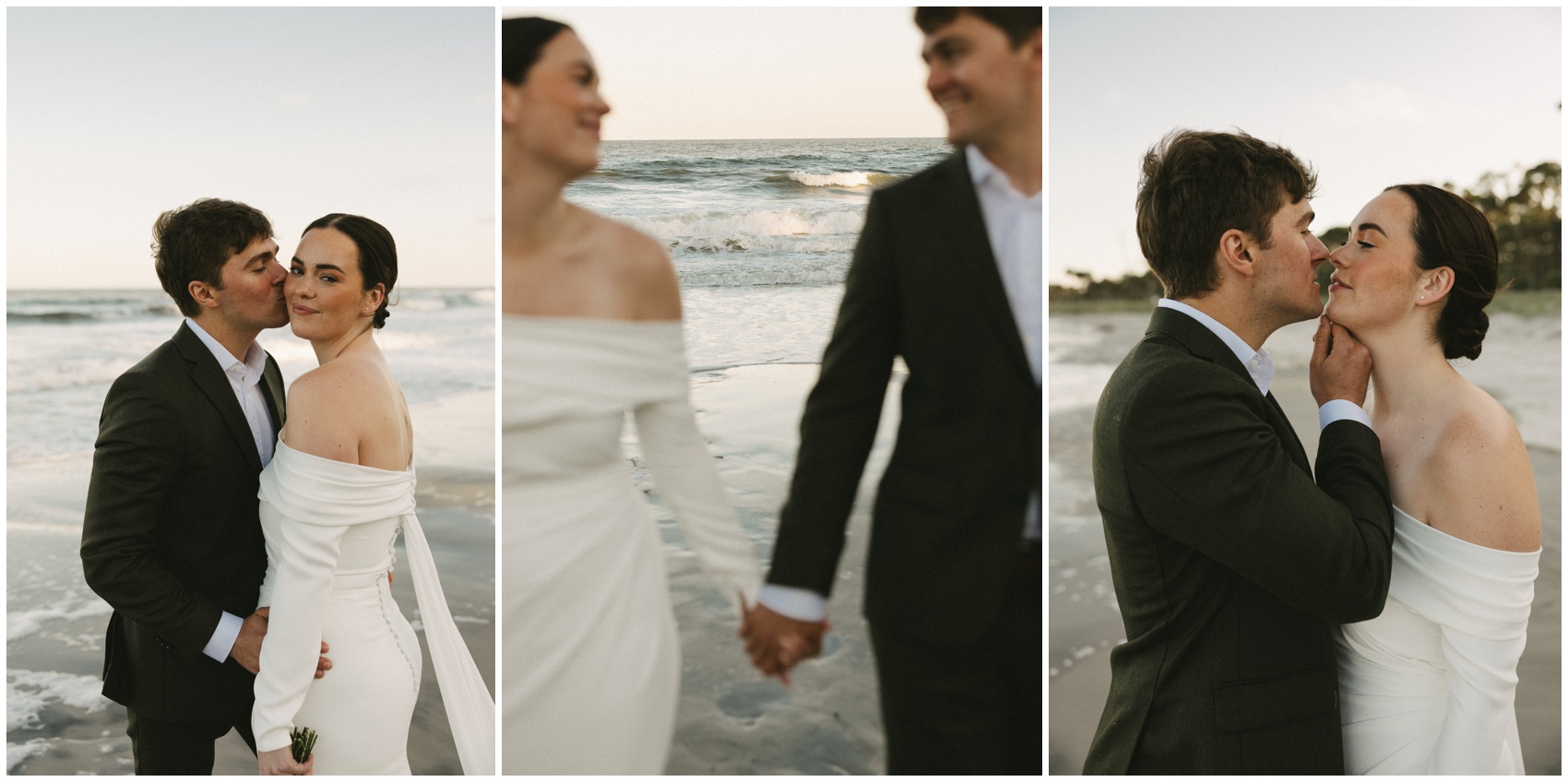 Newlyweds hold hands and kiss while celebrating their Charleston Elopement on the beach at susnet