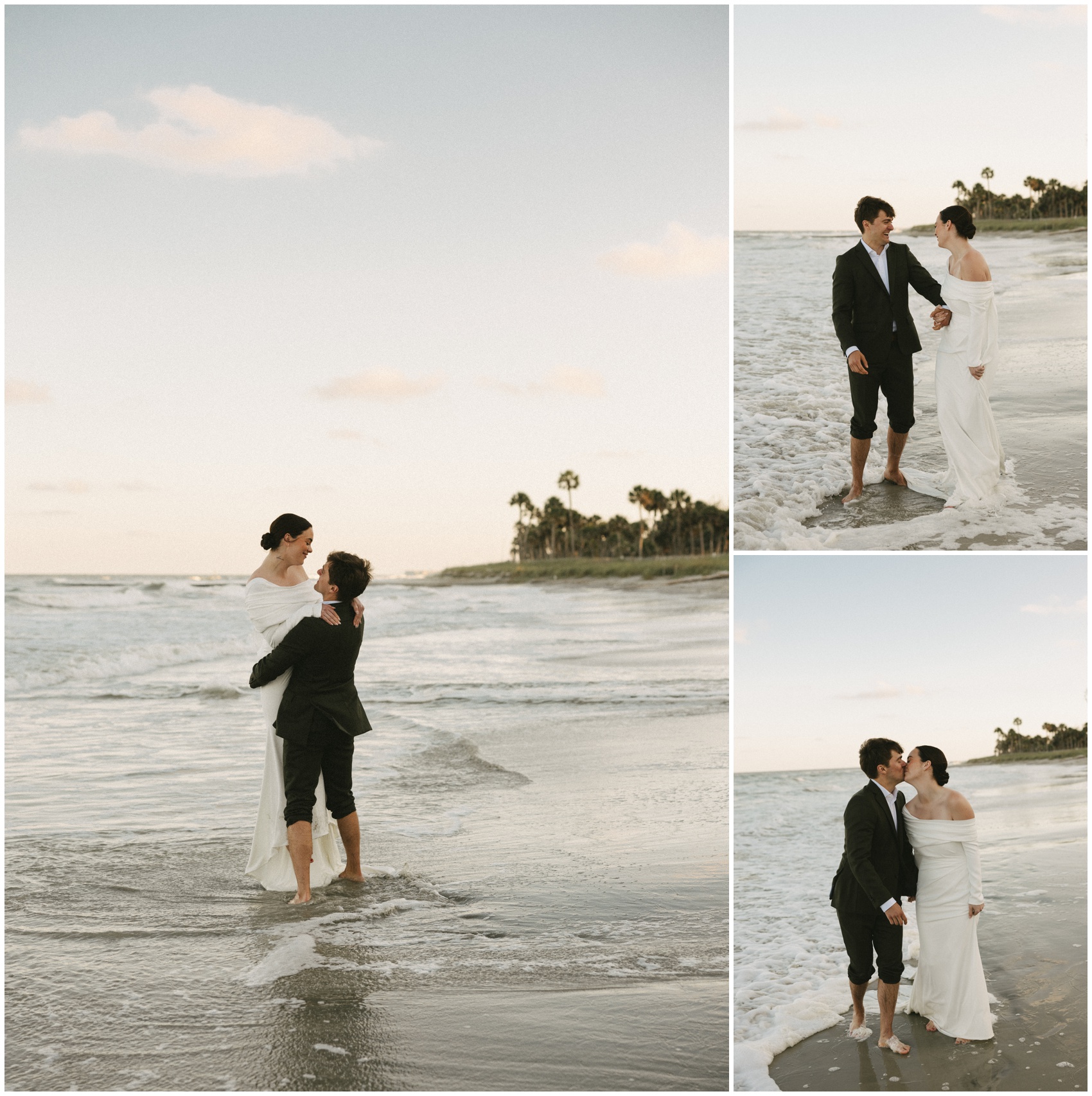 A groom plays lifts and kisses his bride on a beach in the water during their Charleston Elopement