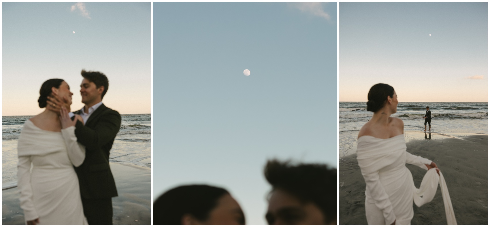 A bride and groom play on a beach under the moon during sunset