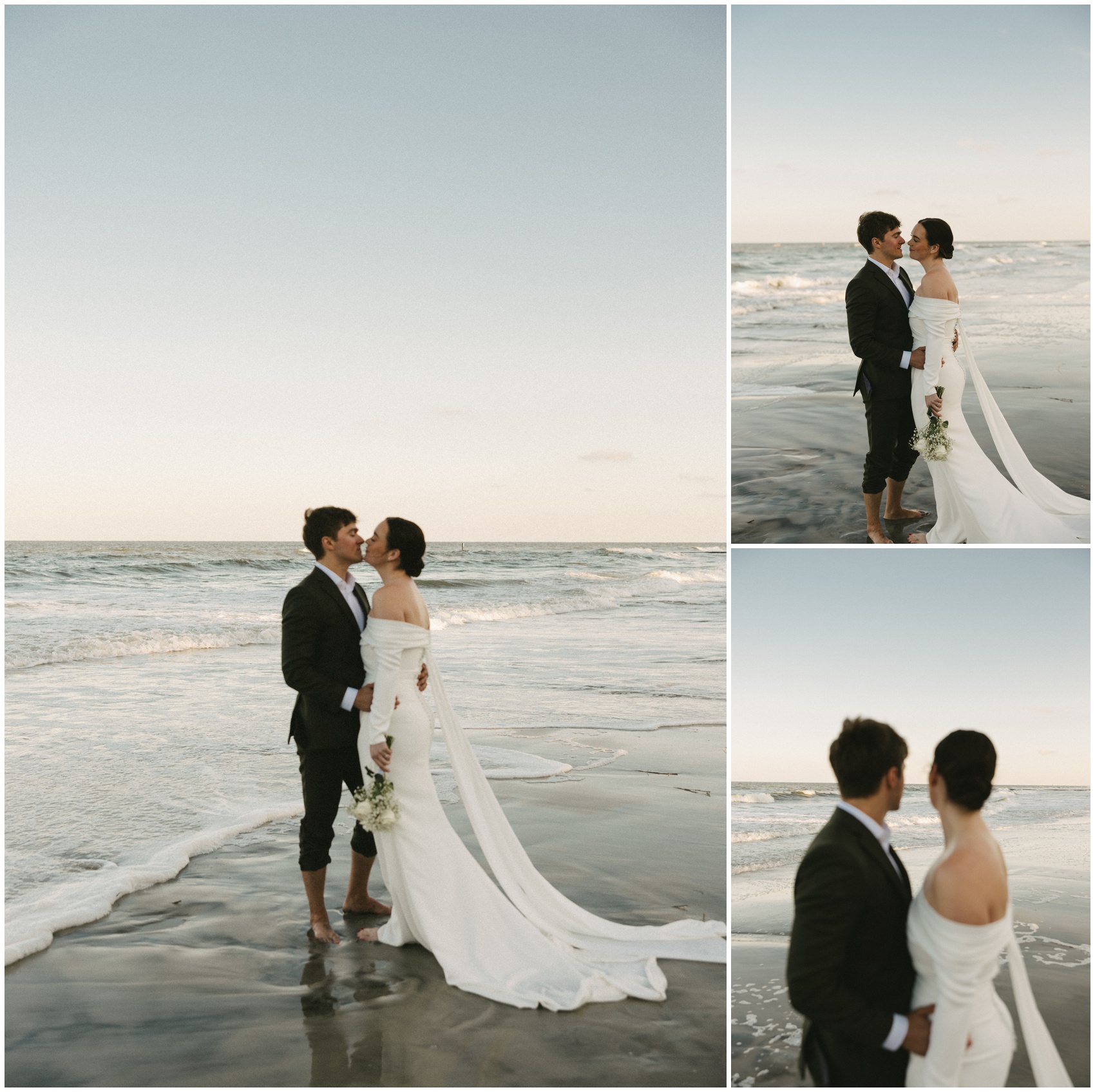 Newlyweds watch the sunset and kiss on a beach at sunset while celebrating their Charleston Elopement