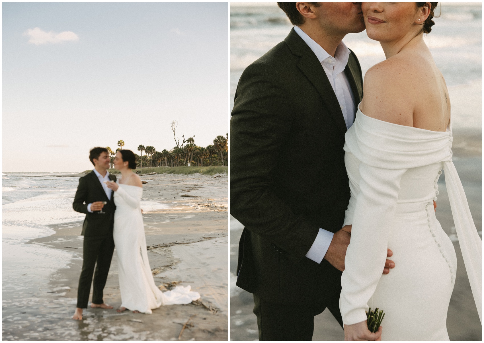 A bride and groom snuggle and hold champagne on a beach at sunset