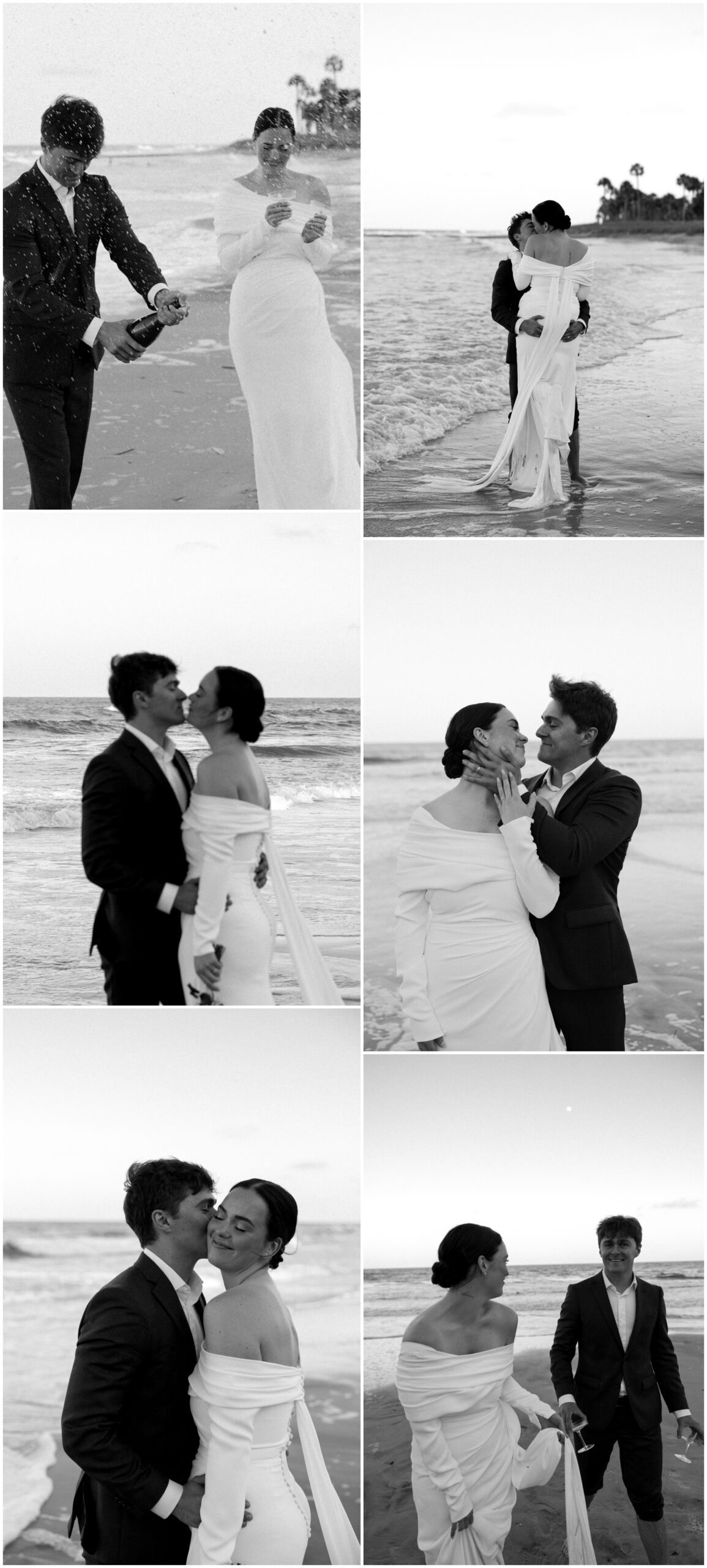 Black and white images of newlyweds cuddling and kissing on a beach during their Charleston Elopement