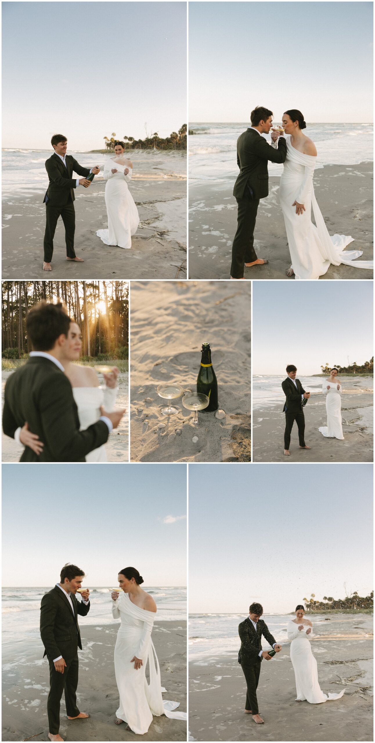 A bride and groom celebrate and pop champagne on a beach at sunset