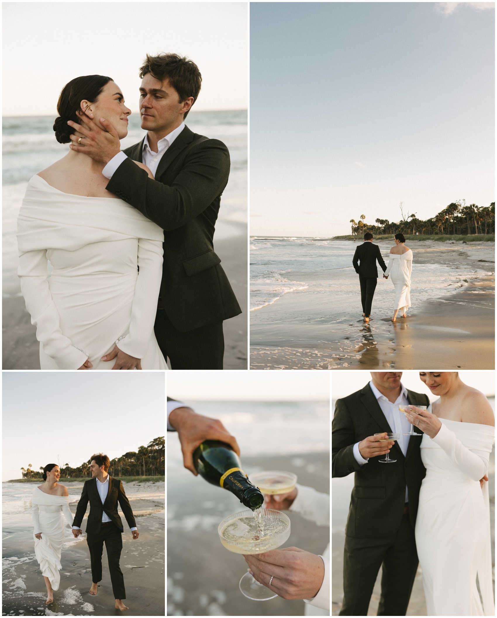 Newlyweds drink champagne and celebrate while walking on the beach at sunset during their Charleston Elopement