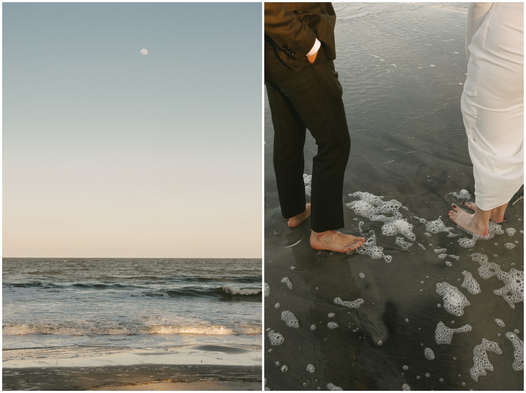 Newlyweds watch the moon and sunset on the beach barefoot in the water