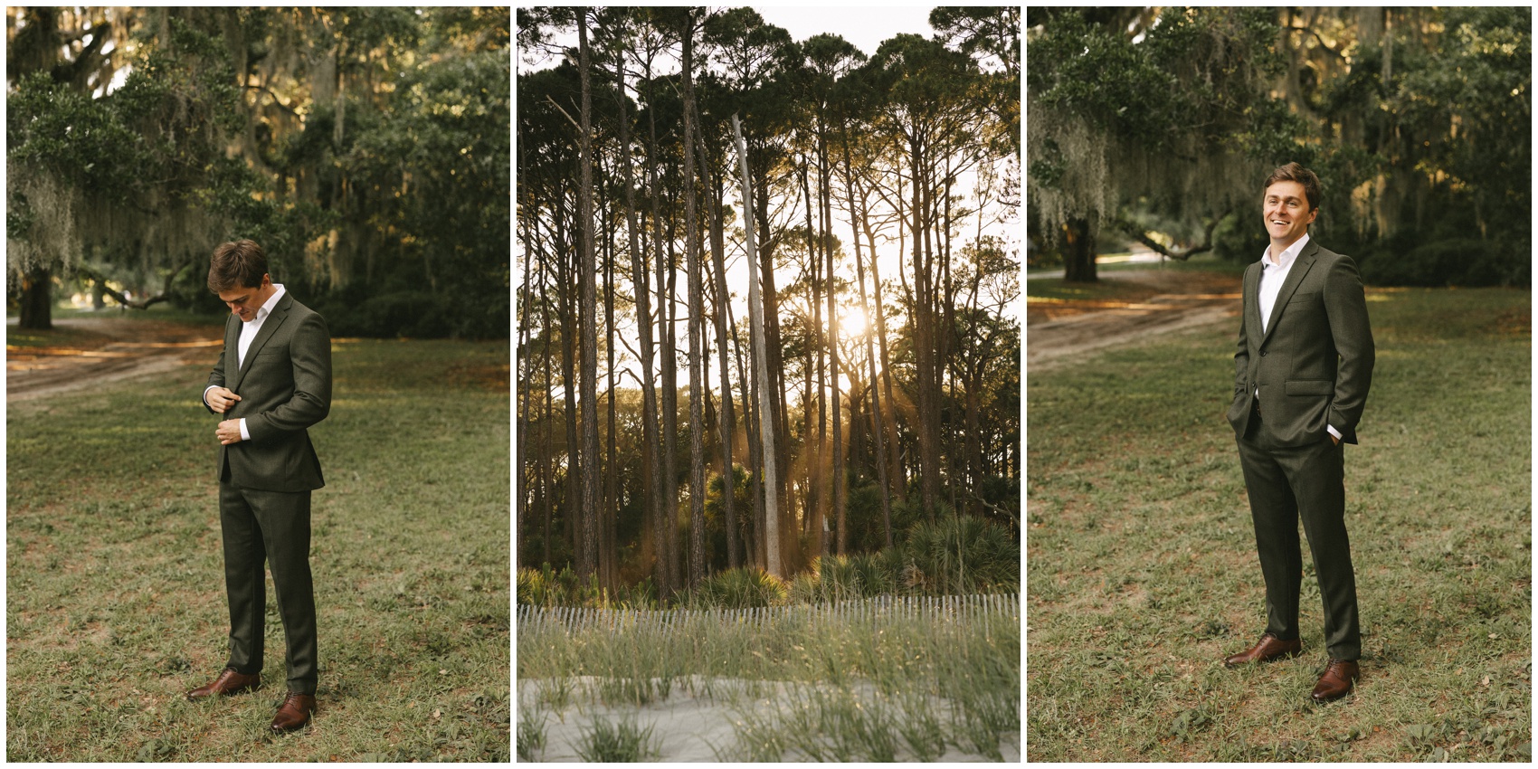 A groom buttons his suit jacket and laughs under tall live oaks at sunset