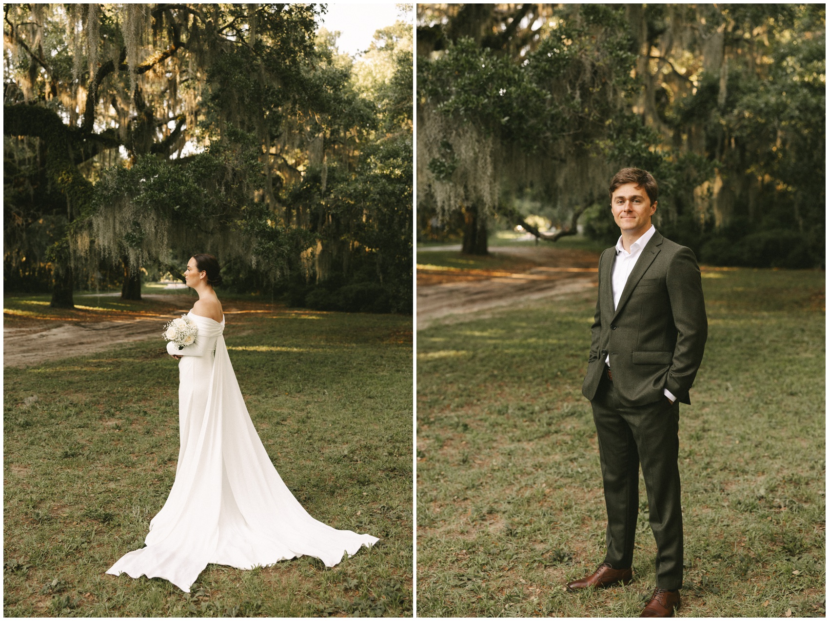 A bride and groom stand under old live oaks at sunset