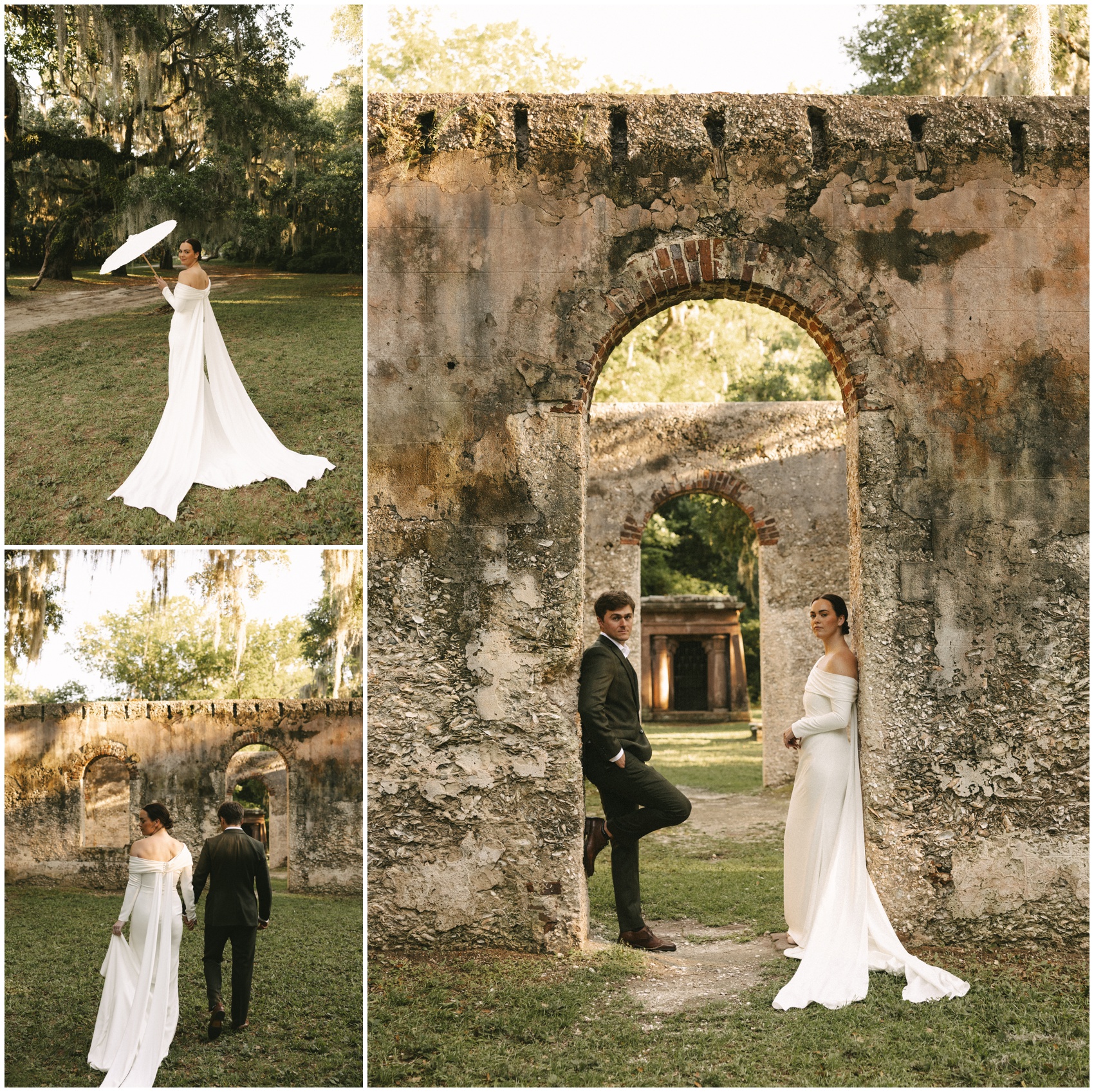 Newlyweds explore ruins of an old limestone structure during their Charleston Elopement