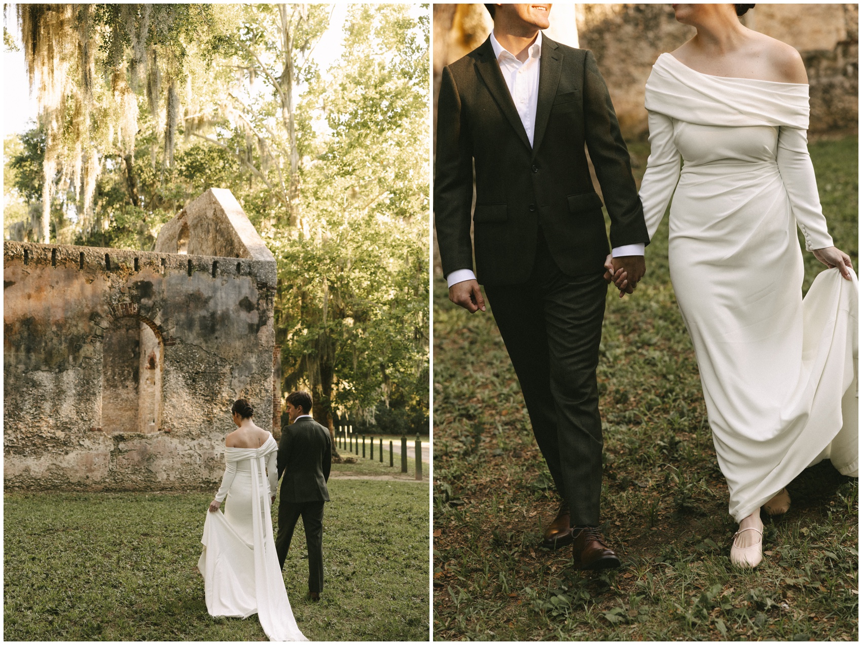 A bride and groom hold hands and walk through a park with an old limestone building