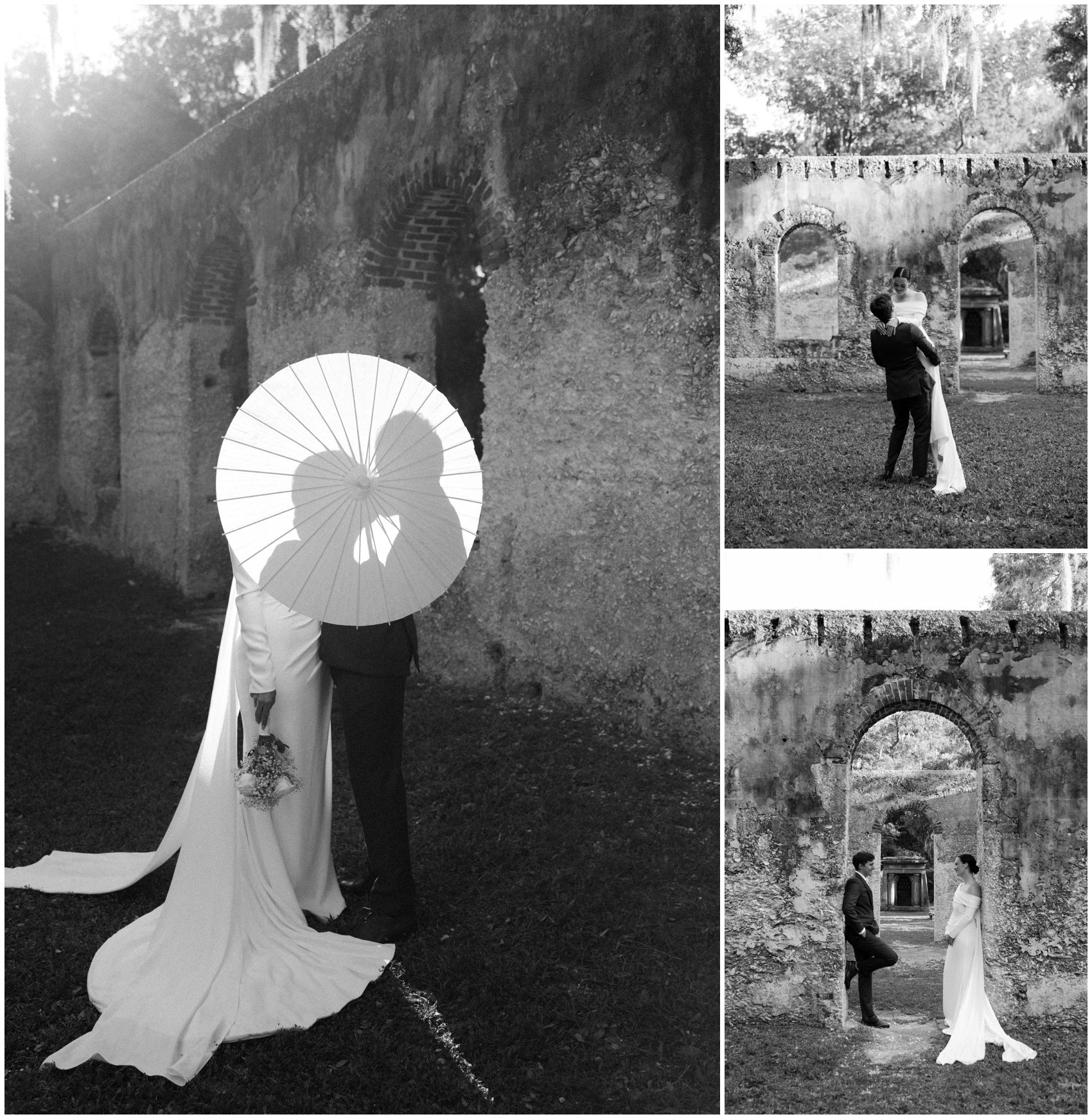 Newlyweds kiss behind a white parasol in black and white in ruins of an old limestone fort