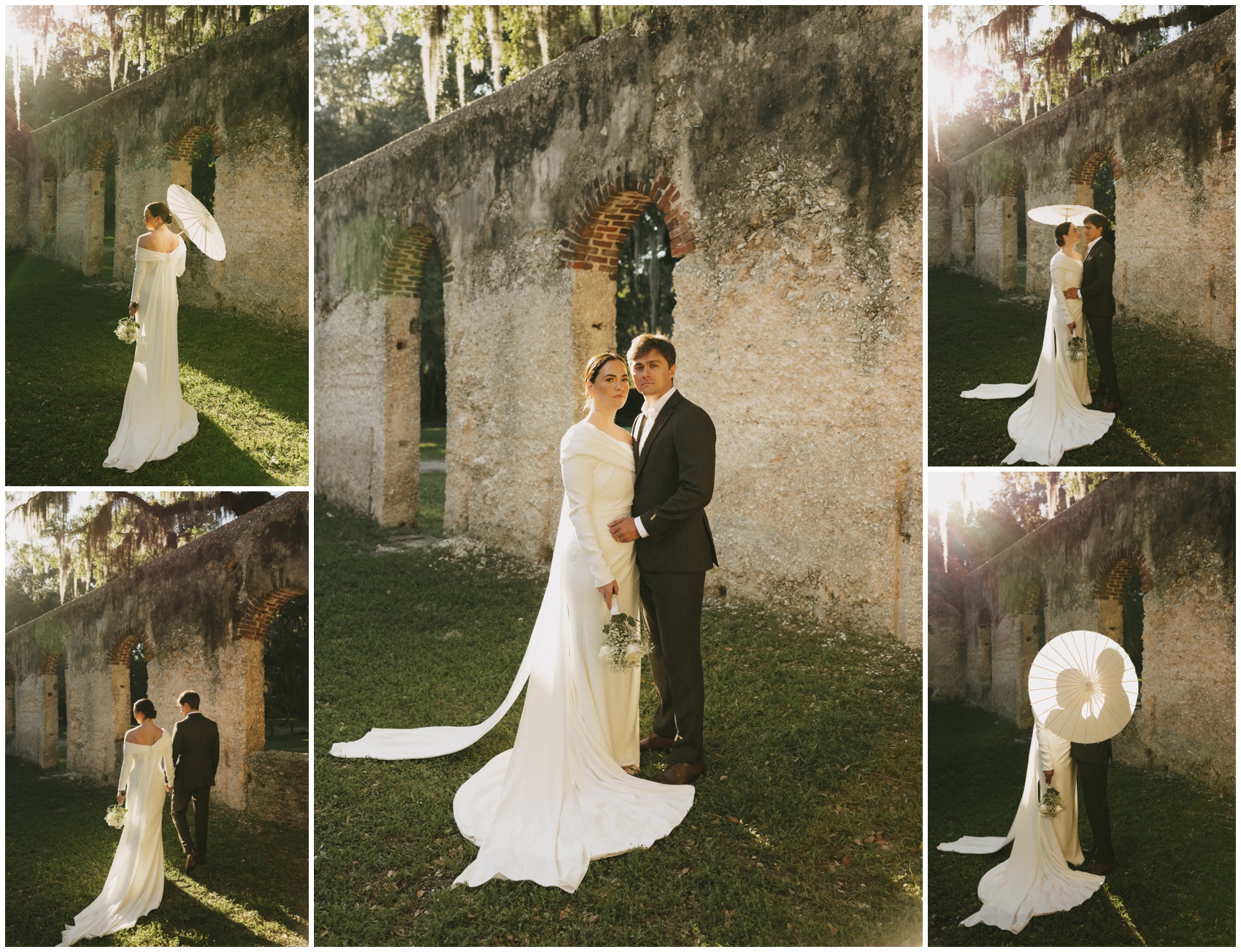 Newlyweds hold hands and hug while exploring an old limestone fort under old oak trees at sunset