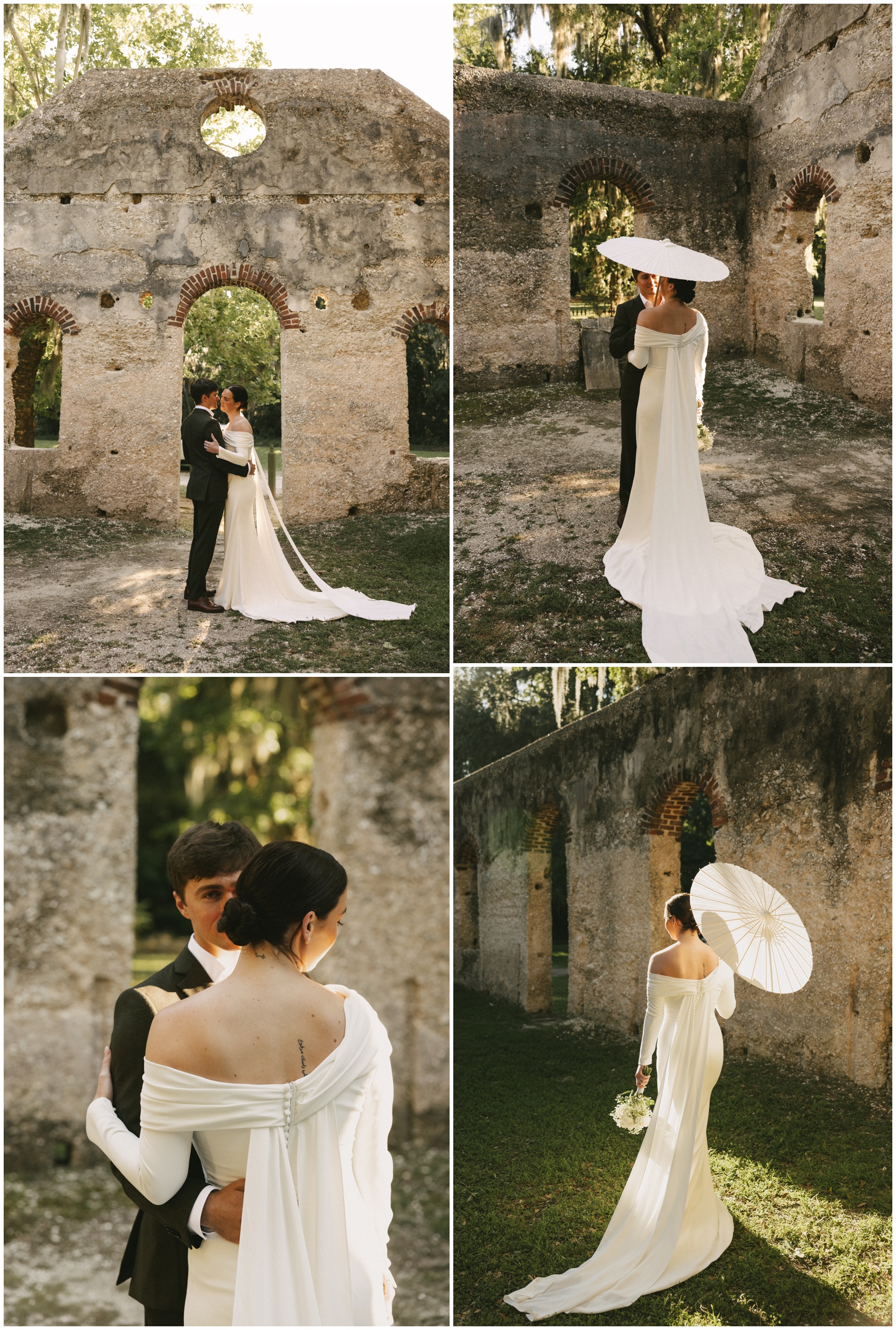 A bride and groom explore an old limestone fort with a parasol during their Charleston Elopement