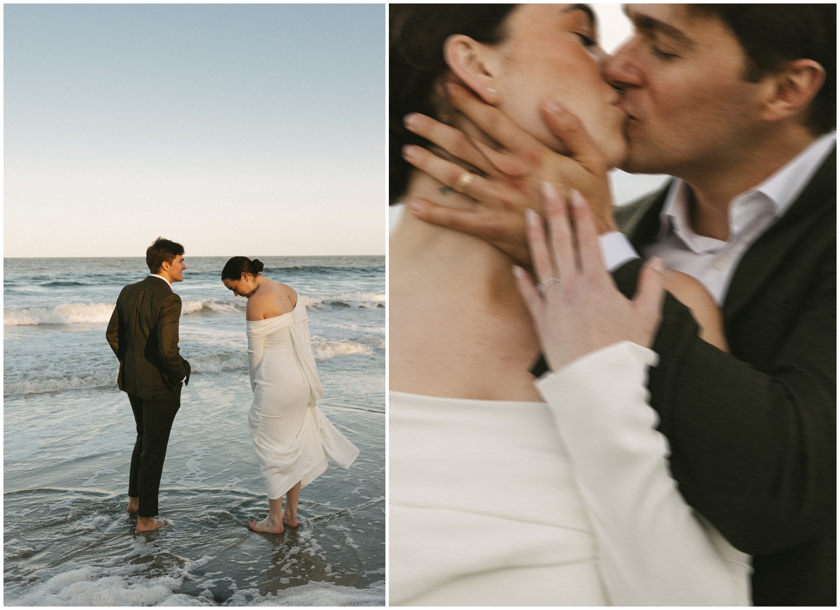 A bride and groom play in the shallow beach water and passionately kiss at sunset