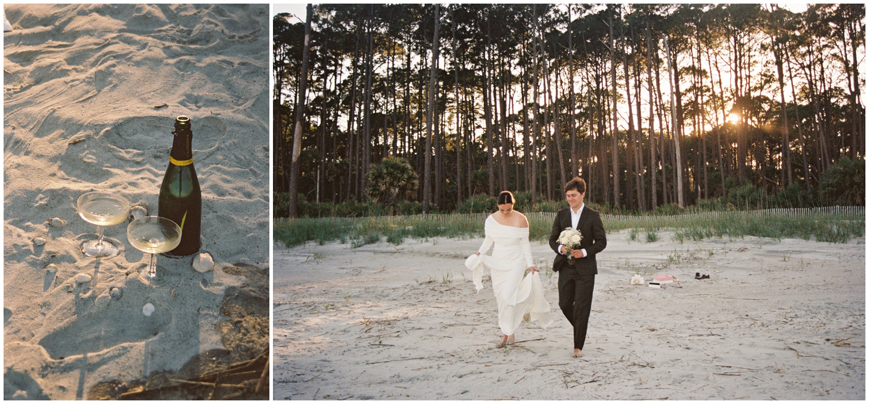 Newlyweds walk on the beach to their champagne picnic during their Charleston Elopement