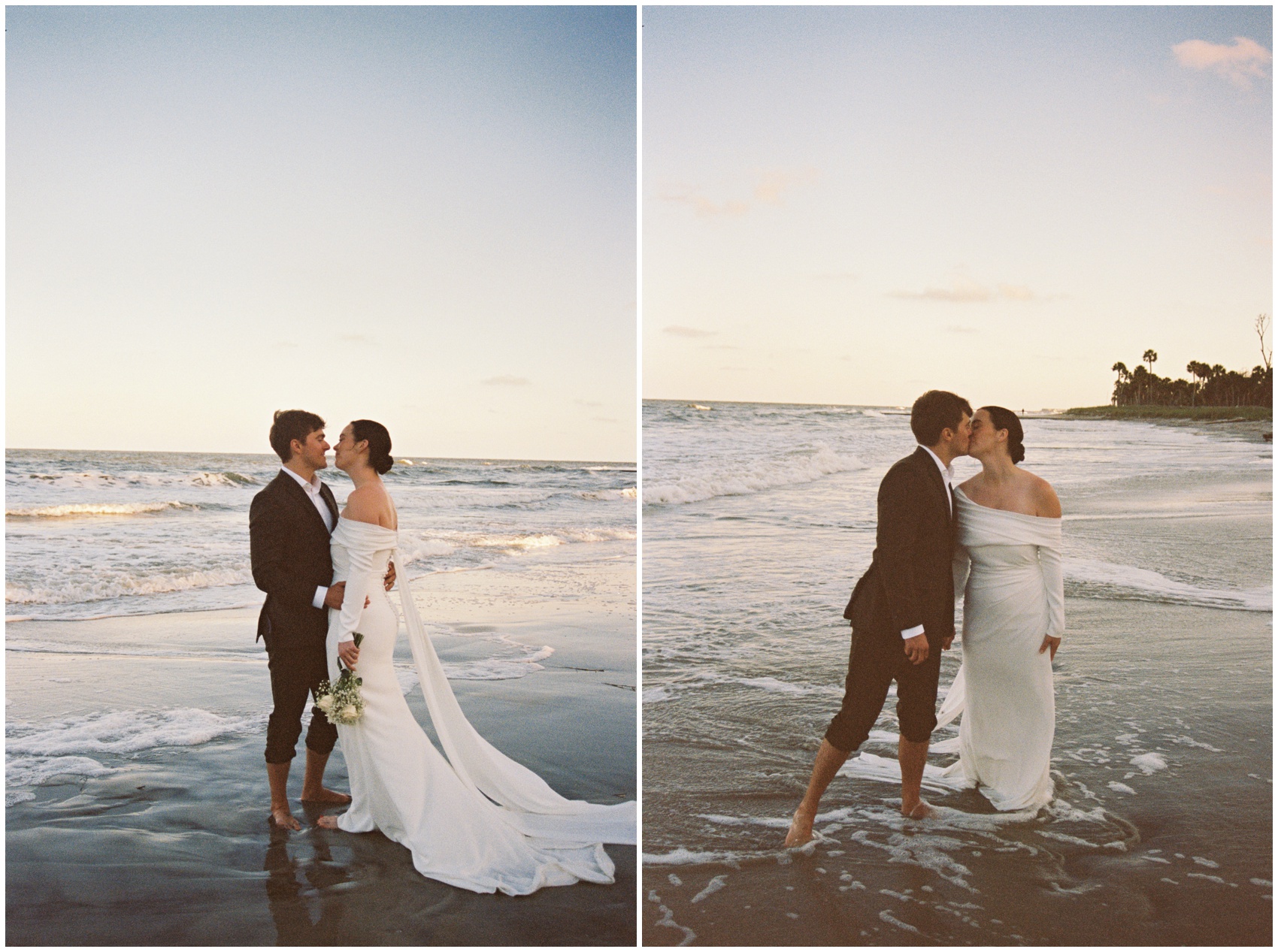 A bride and groom walk in the water and kiss while celebrating their Charleston Elopement