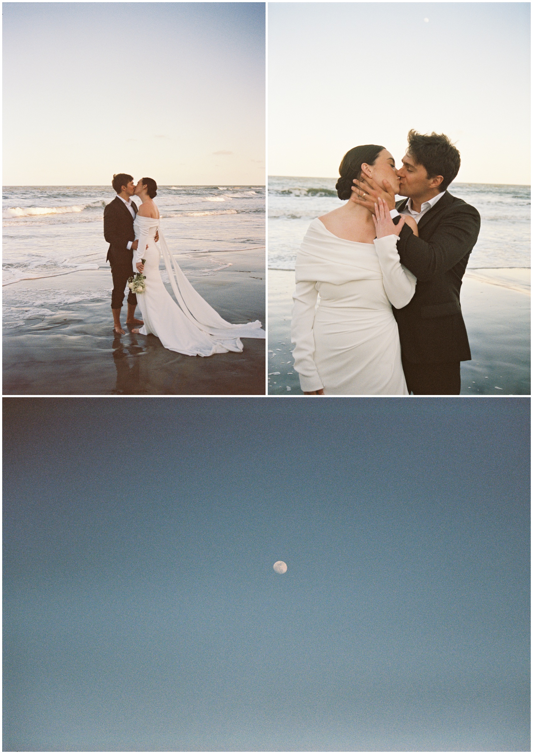 Newlyweds kiss on the beach with feet in the water under an almost full moon during their Charleston Elopement