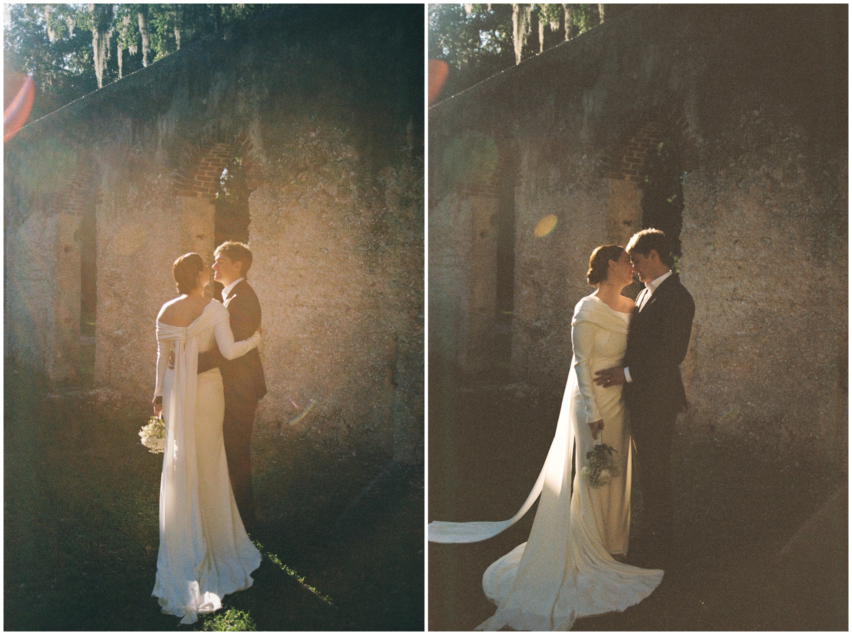 Newlyweds snuggle and hug under old oak trees at sunset by an old limestone wall