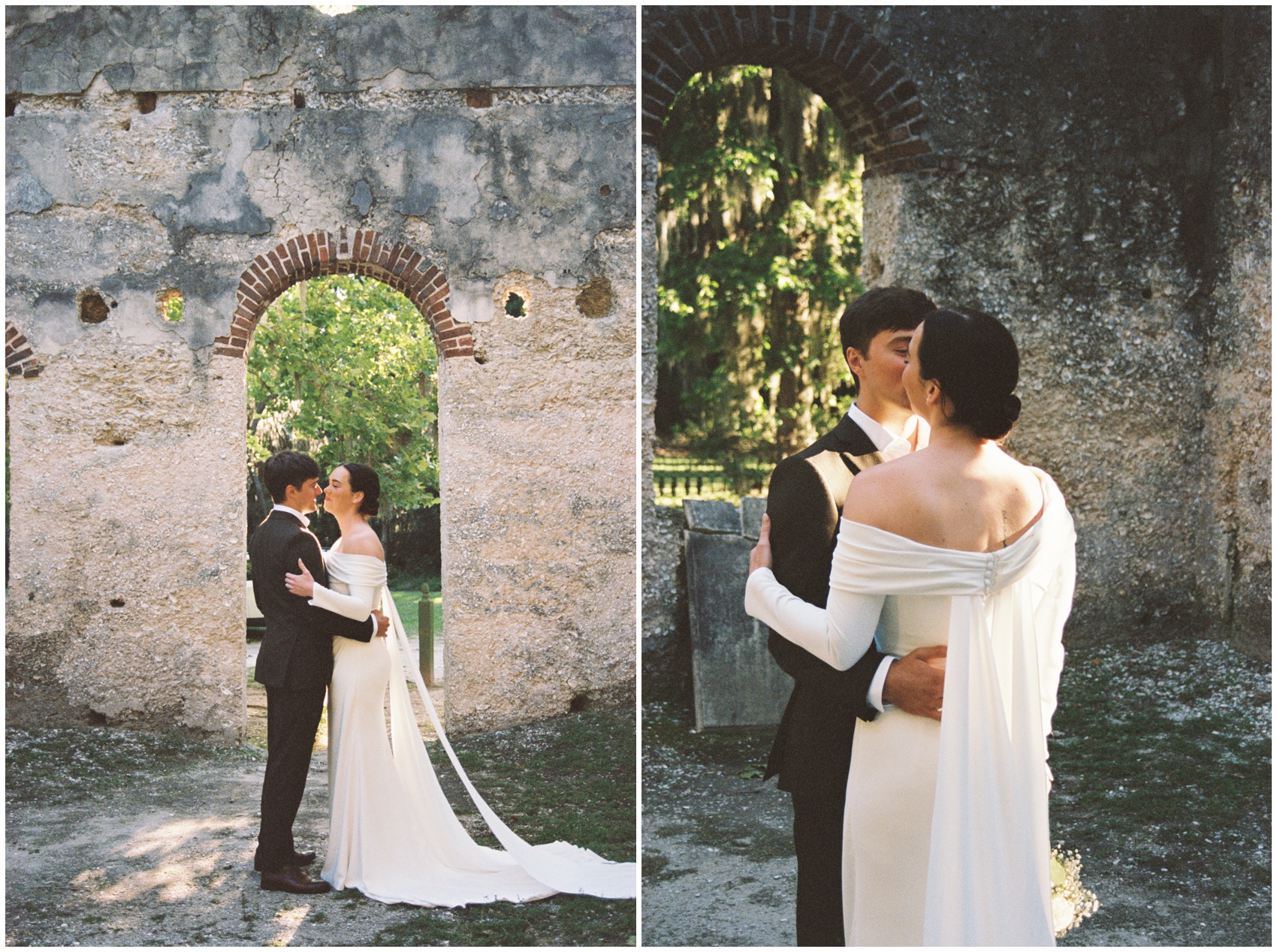 Newlyweds kiss under a limestone arch during their Charleston Elopement