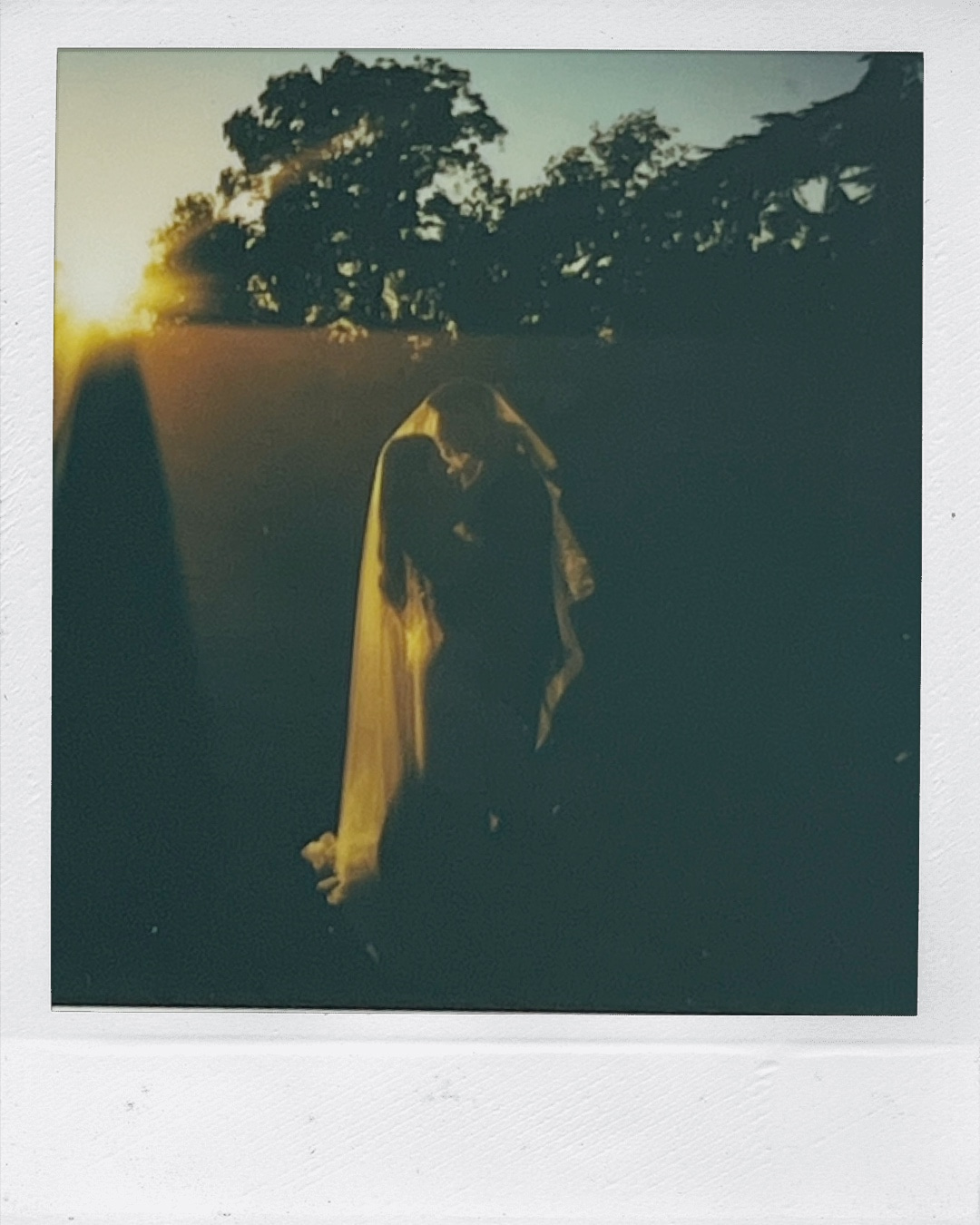 Newlyweds lean in for a kiss in silhouette under the veil in a polaroid at one of the Charleston wedding venues
