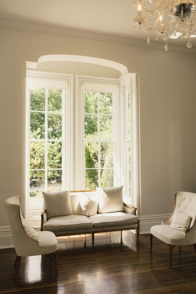 Details of the getting ready room couches at the merrimon wynne house wedding venue