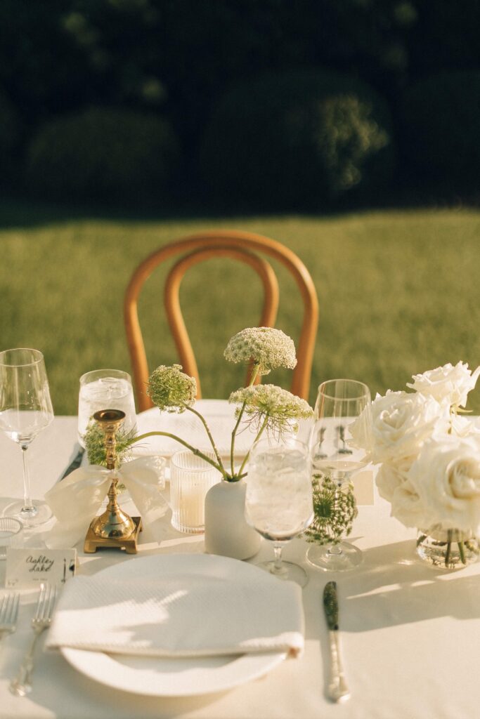 Details of a table setting at an outdoor reception