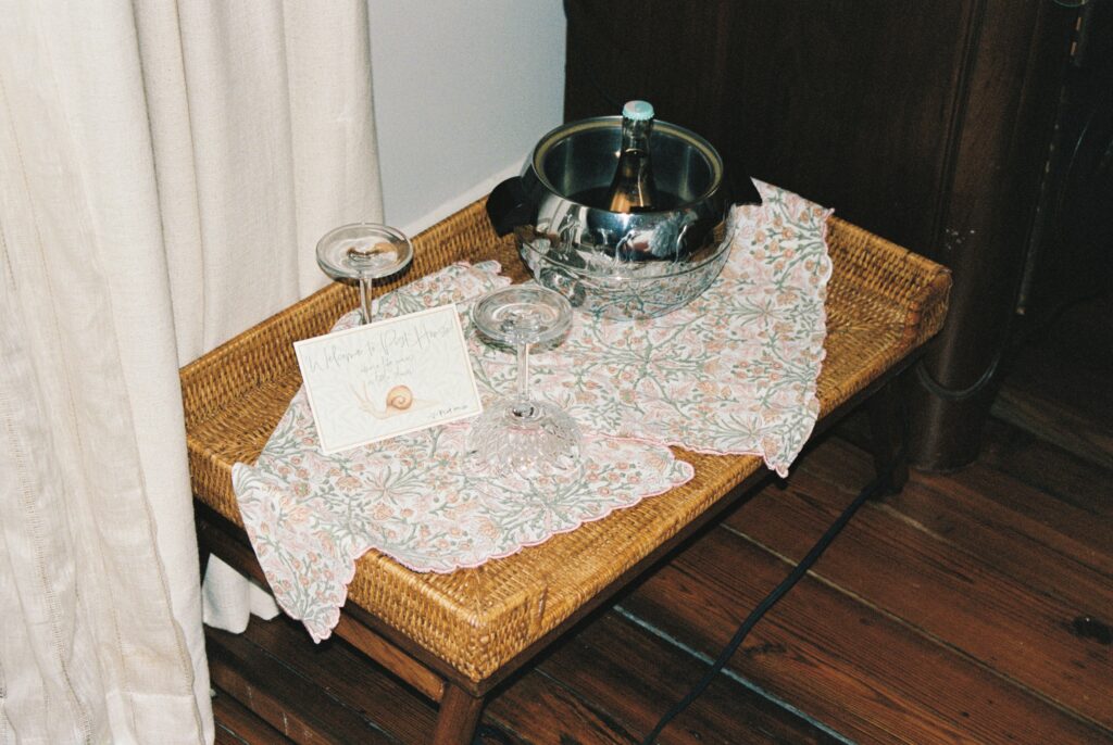 Details of empty drink serving table with a note at a Post House Inn wedding