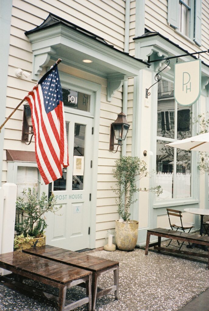 Details of the front entrance of the beautiful Post House Inn wedding venue with sign