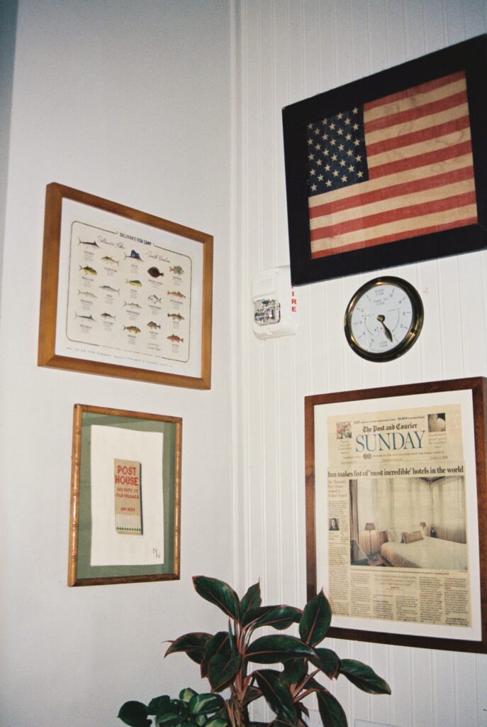 Details of framed historic pieces on a wall above a plant