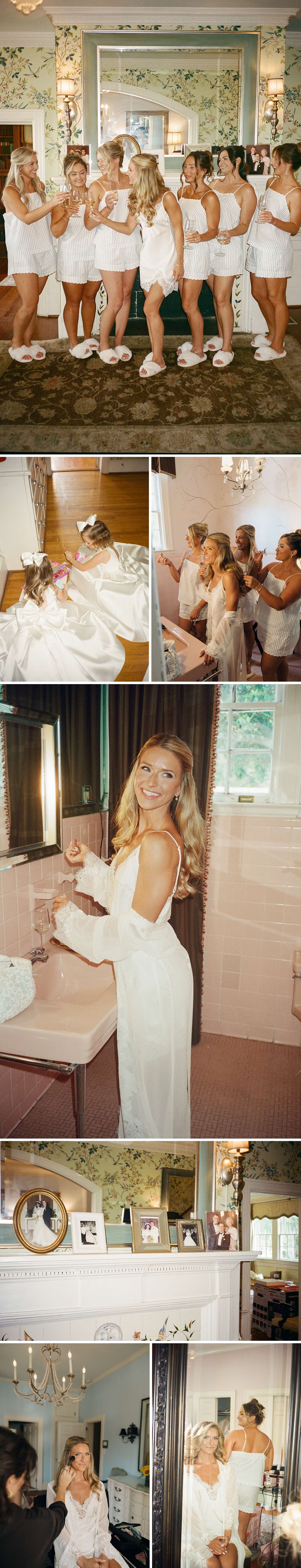 A bride toasts her bridesmaids all in matching pajamas as they all get ready in a suite