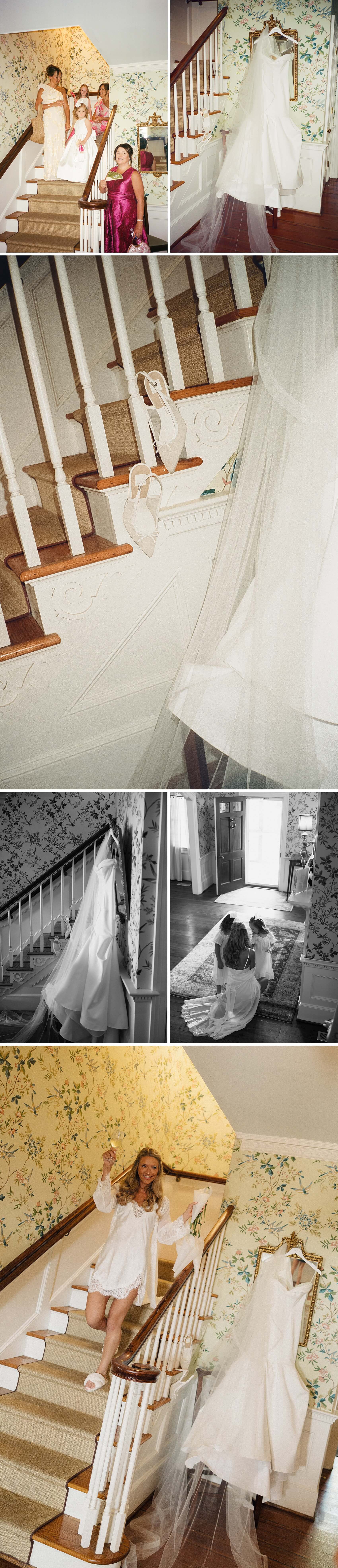 Details of a bride's dress and shoes as she gets ready while in pajamas on a staircase