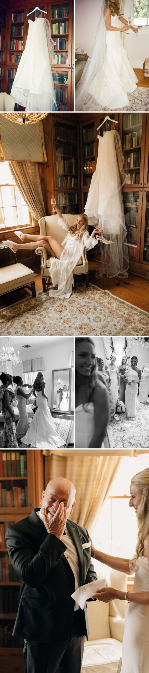 A bride lounges in pajamas and gets ready and dad's first look in a collage at her legare waring house wedding