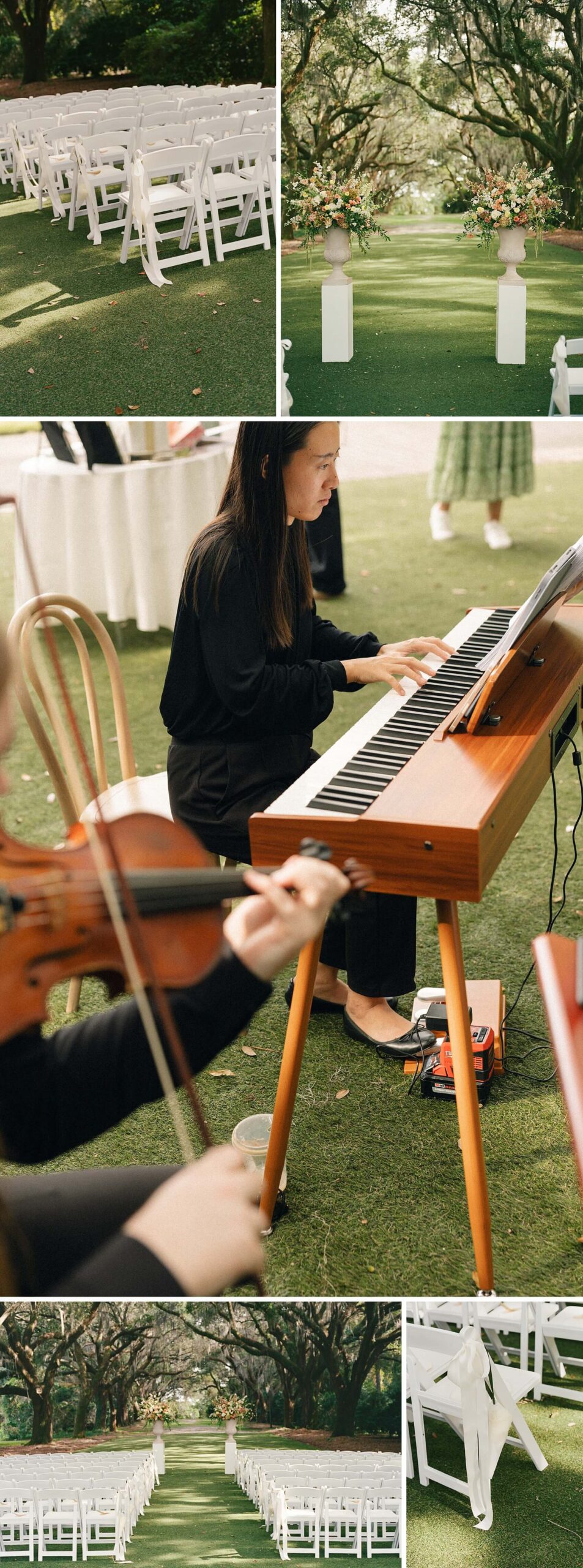 Details of a piano player and violin player for an outdoor wedding ceremony under live oaks with white chairs