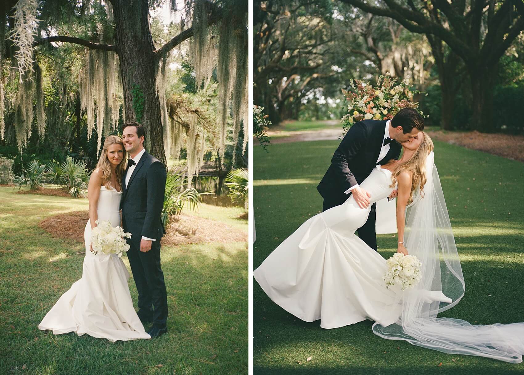 A bride and groom stand smiling cheek to cheek next to a dip and kiss at their legare waring house wedding