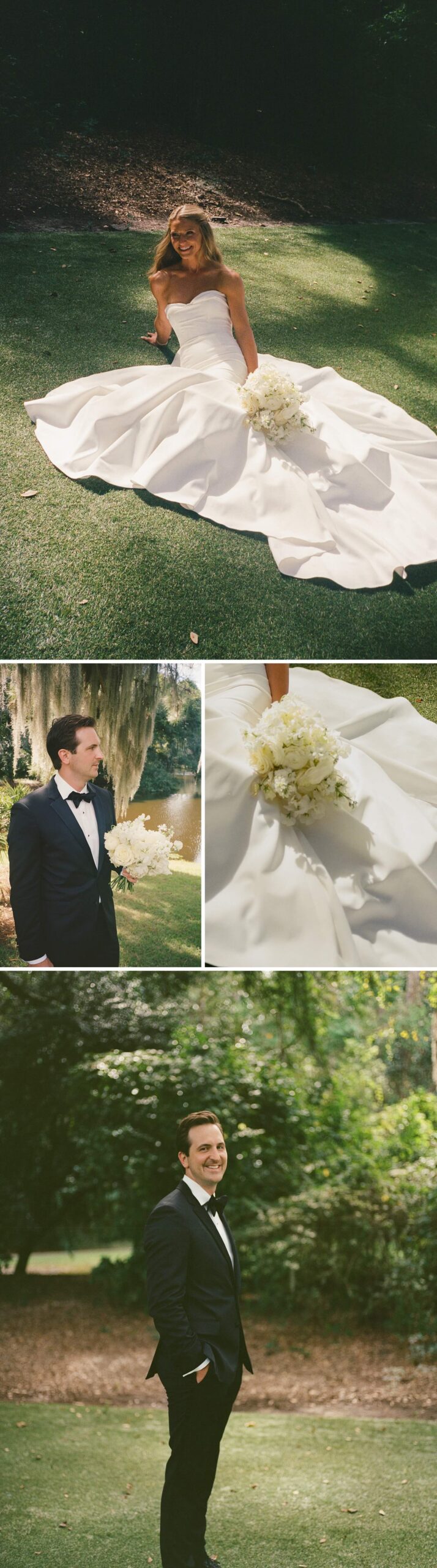A bride relaxes in the lawn with her groom standing smiling in the lawn holding her white bouquet at their legare waring house wedding