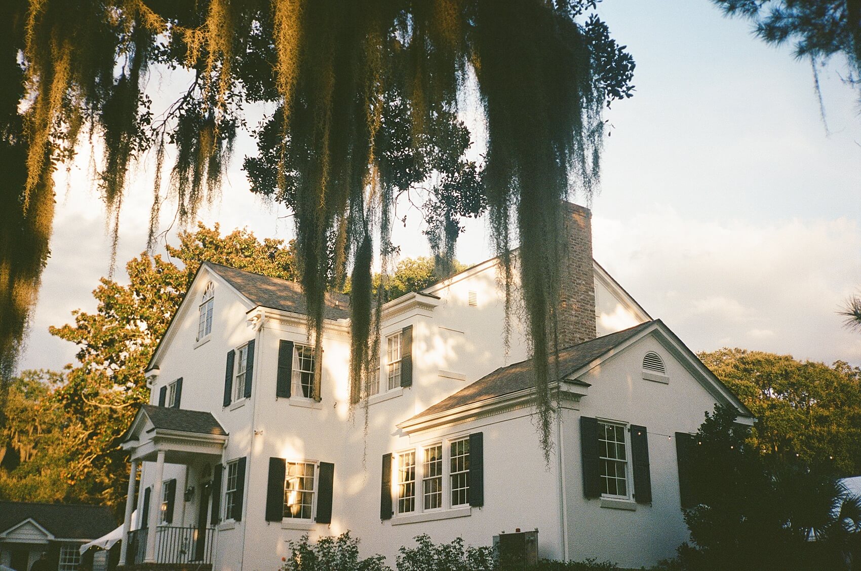 Details of the legare waring house wedding venue from behind spanish moss at sunset