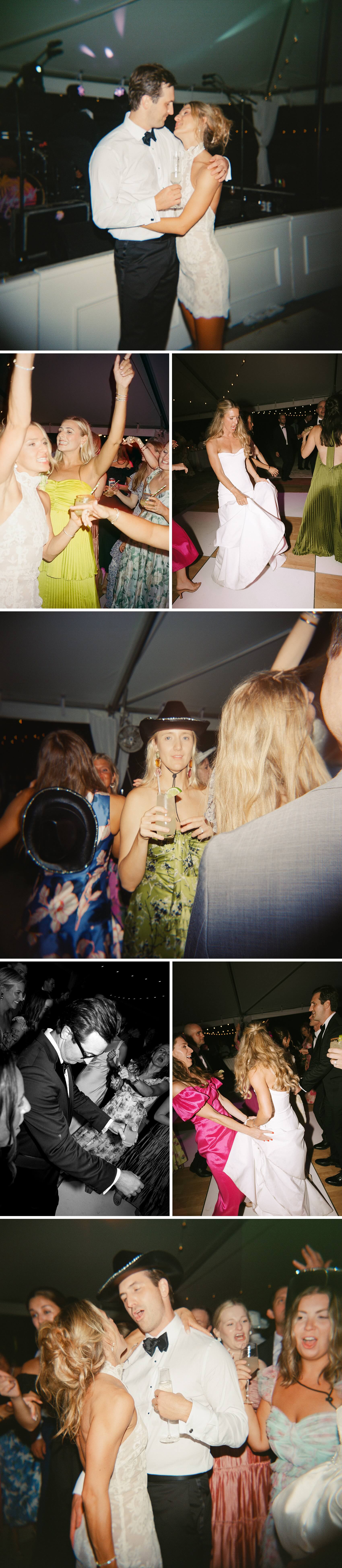 A collage of newlyweds having a blast dancing and playing at their tent wedding reception
