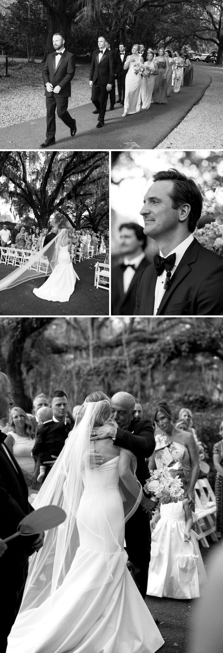 A collection of black and white images of a bride walking down the aisle and hugging dad