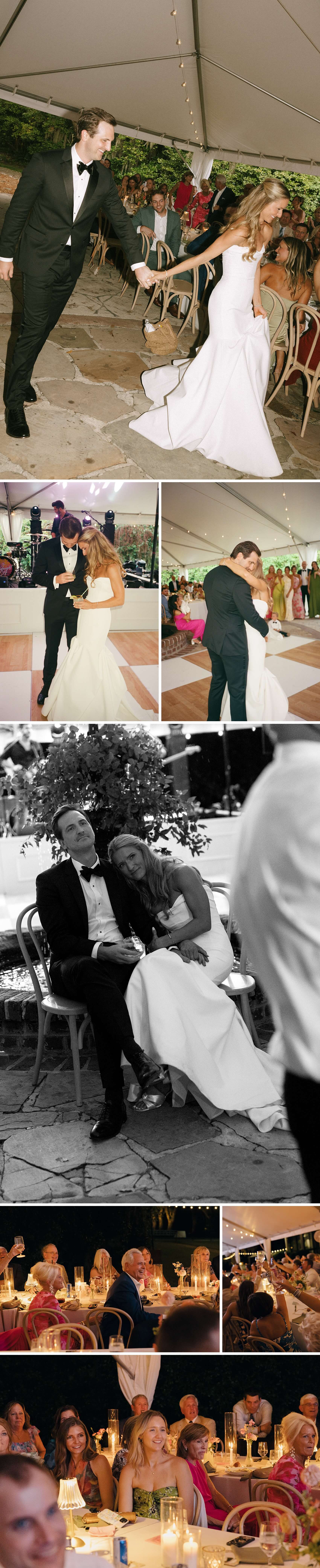 Newlyweds in a collage of images dancing under a tent reception with guests watching and them cuddling